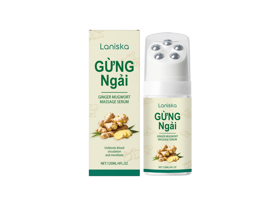 Líquido de massagem com gengibre e artemísia em rolo.