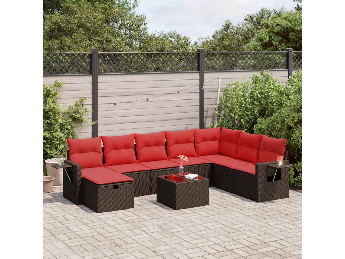 Vidaxl 9 Pcs Conjunto Sofás P/ Jardim C/ Almofadões Vime Pe Castanho