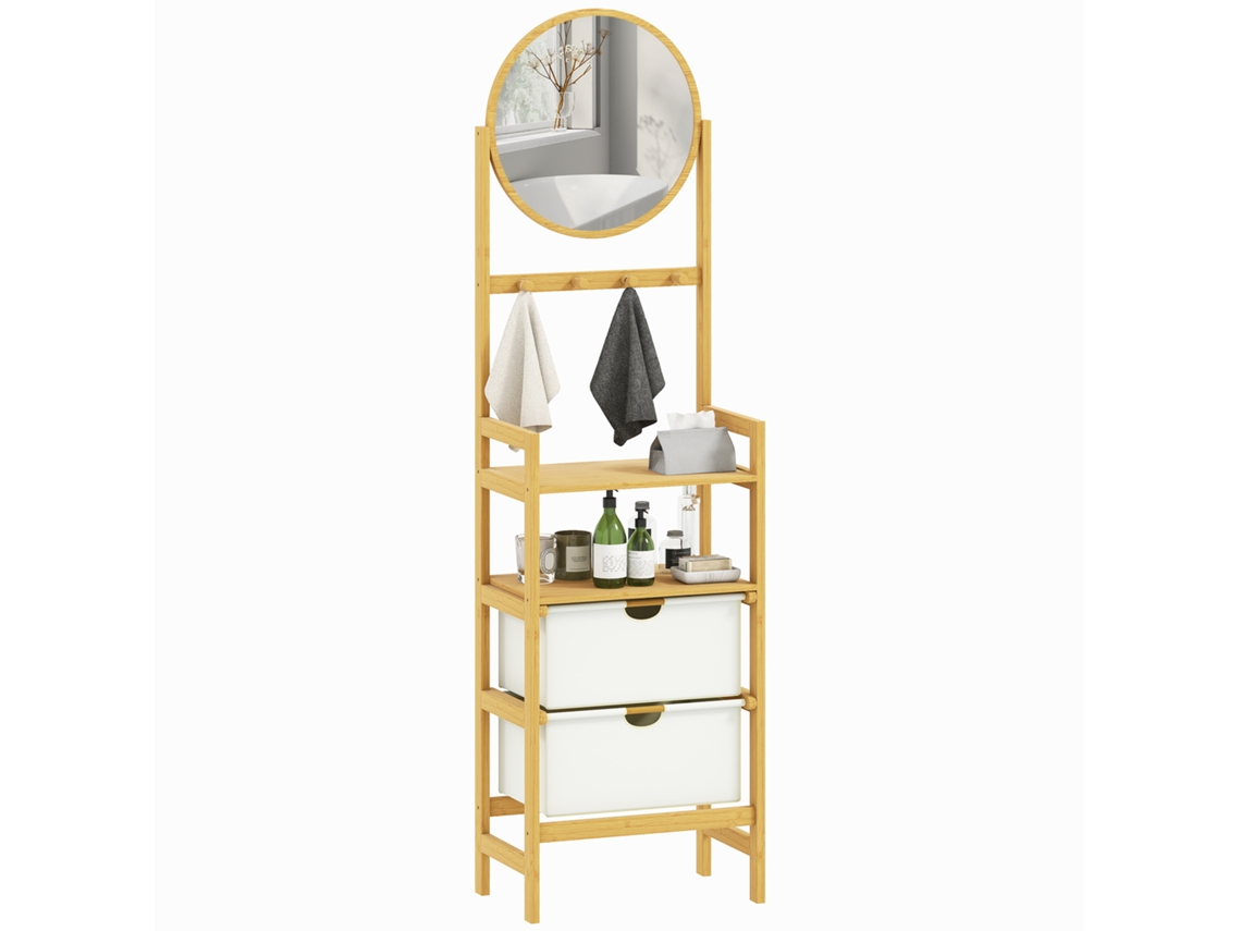 Prateleira de Banheiro de Bambu com Espelho com 4 Ganchos, 2 Prateleiras Abertas e 2 Gavetas de Tecido, 48,5x30x170 Cm Natural Ge