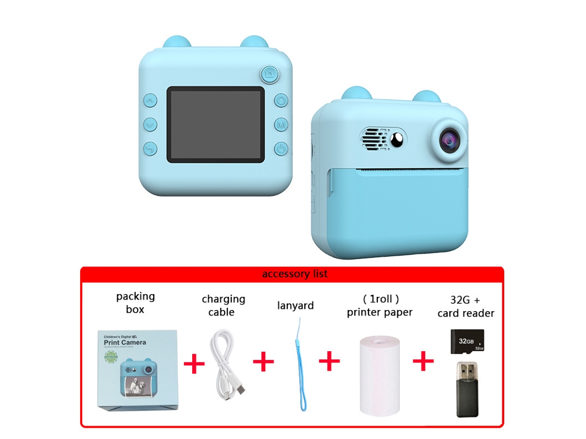 Câmera instantânea, mini câmera térmica para crianças com cartão 32G, Blue Cuich