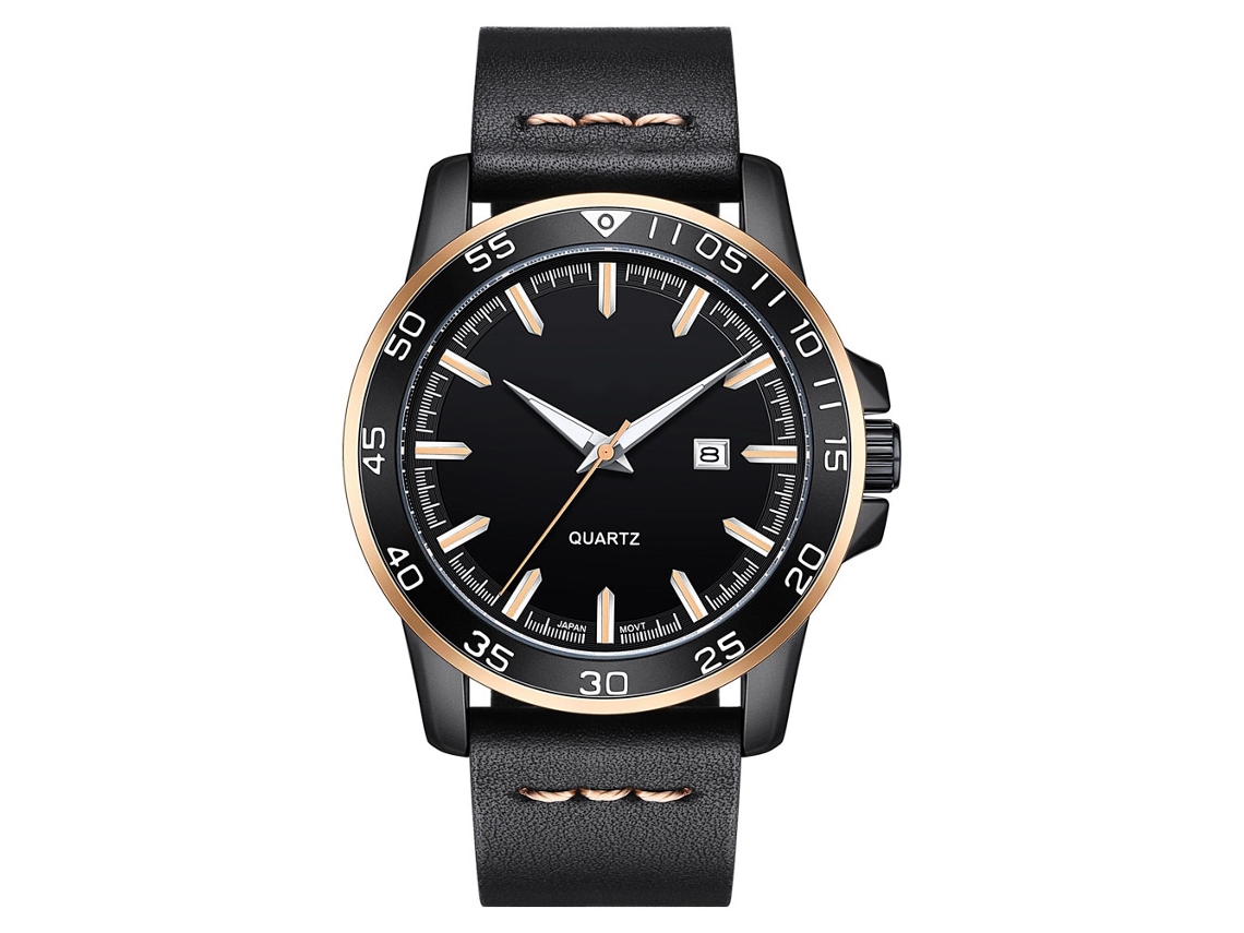 Relógio de luxo masculino para negócios, em couro PU resistente à água, com calendário, nas cores preto e ouro rosa.
