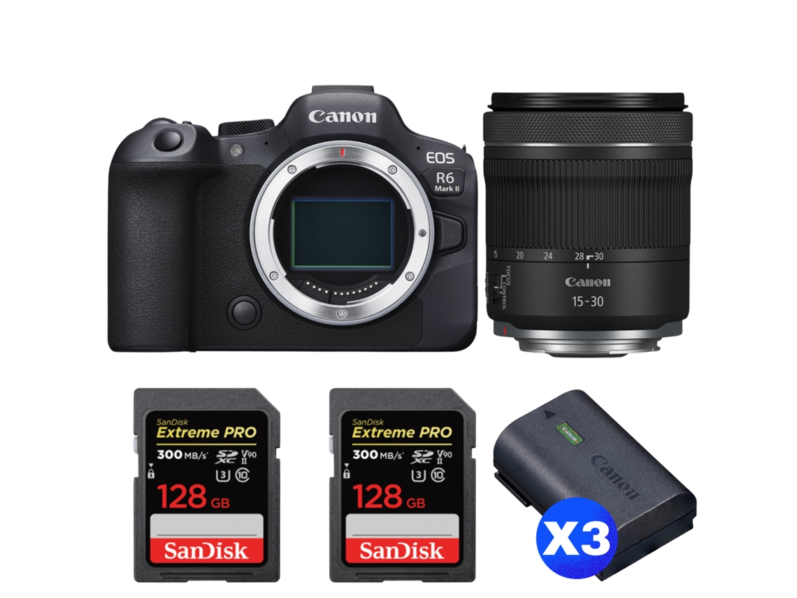 Eos R6 Mark Ii + Rf 15 30mm F/4.5 6.3 Is Stm + 2 Sandisk 128gb Uhs ii 300mb/s + 3 Canon Lp e6nh + Ebook “20 Dicas para Fotos Que Impressionam” CANON
