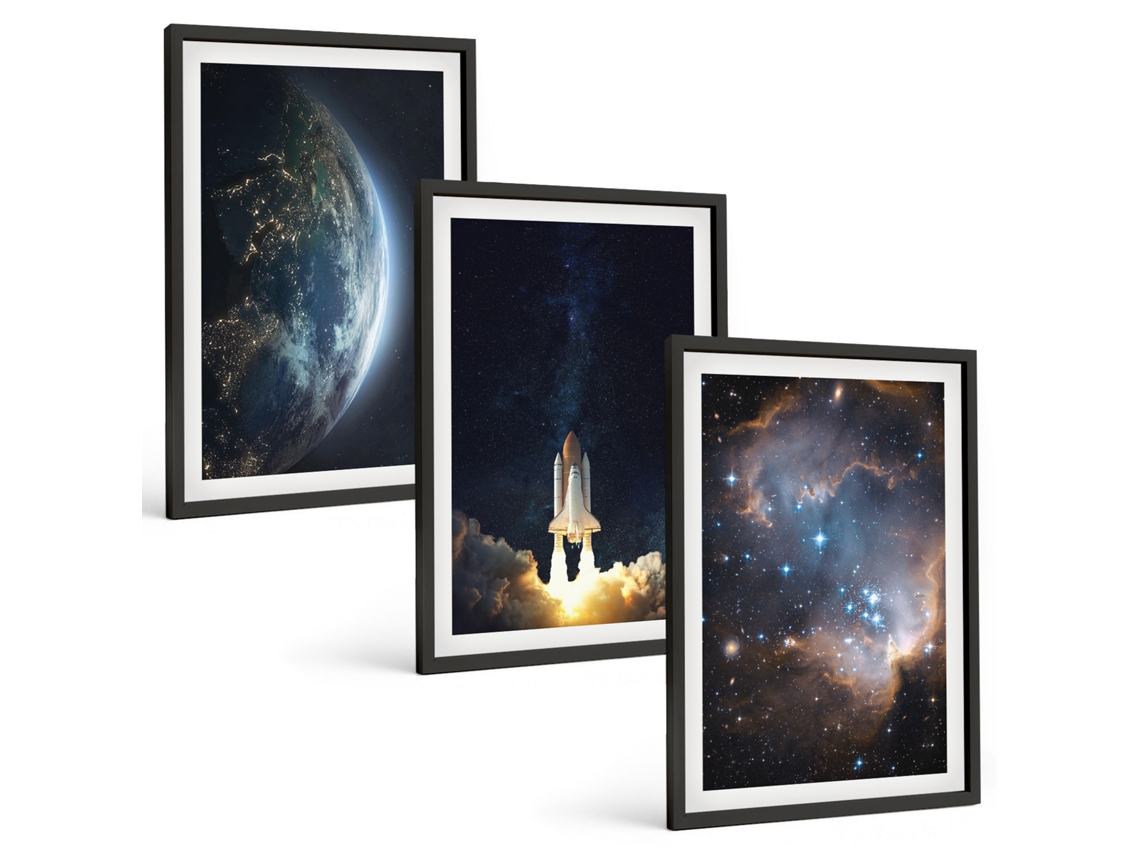 Composição De Quadros Espaço, Terra, Foguete, Galáxia Moldura Preta Fotos Para O Escritório Espelharte (3 Piezas De 40x60 Cm)