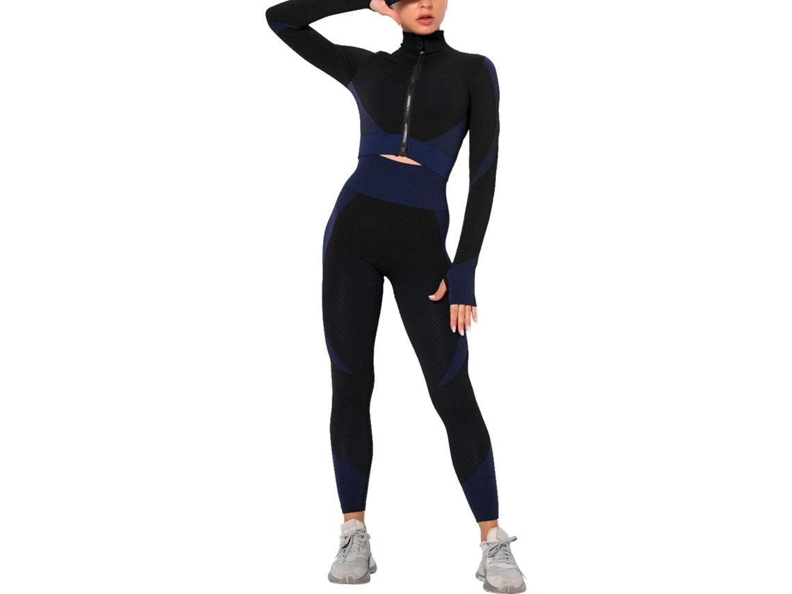 MEOIRUERY Conjunto 2 Peças Mulheres Calça De Academia Alta Com Cós E Top Cropped Manga Longa Com Zíper Frente Roupas De Yoga
