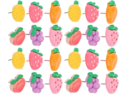 Alfinetes decorativos fáceis de instalar, com suportes em resina e metal, e 30 modelos de frutas e legumes para decoração.