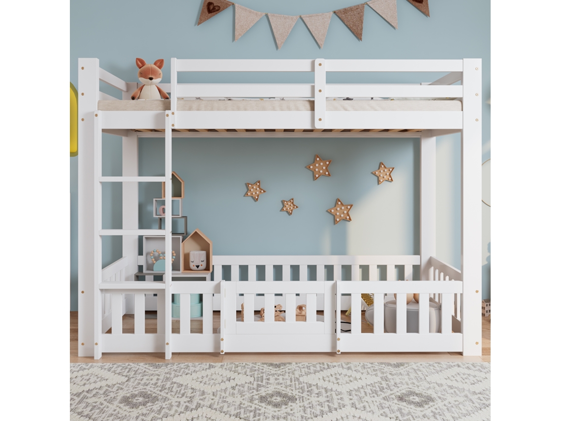 Beliche De Madeira 90x200 Cm Com Escada Reta, Guarda-corpo E Porta, Proteção Contra Quedas, Espaço Inferior Ajustável, Pinho Lvl Branco