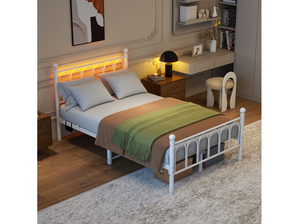 Quadro De Cama Metal 120x200cm Usb Led Suporte Aço Armazenamento