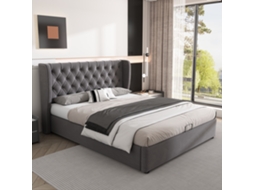 Cama de Casal Estofada em Veludo com Botões e Estrado Hidráulico 140x200 Cinza PAPRIKA