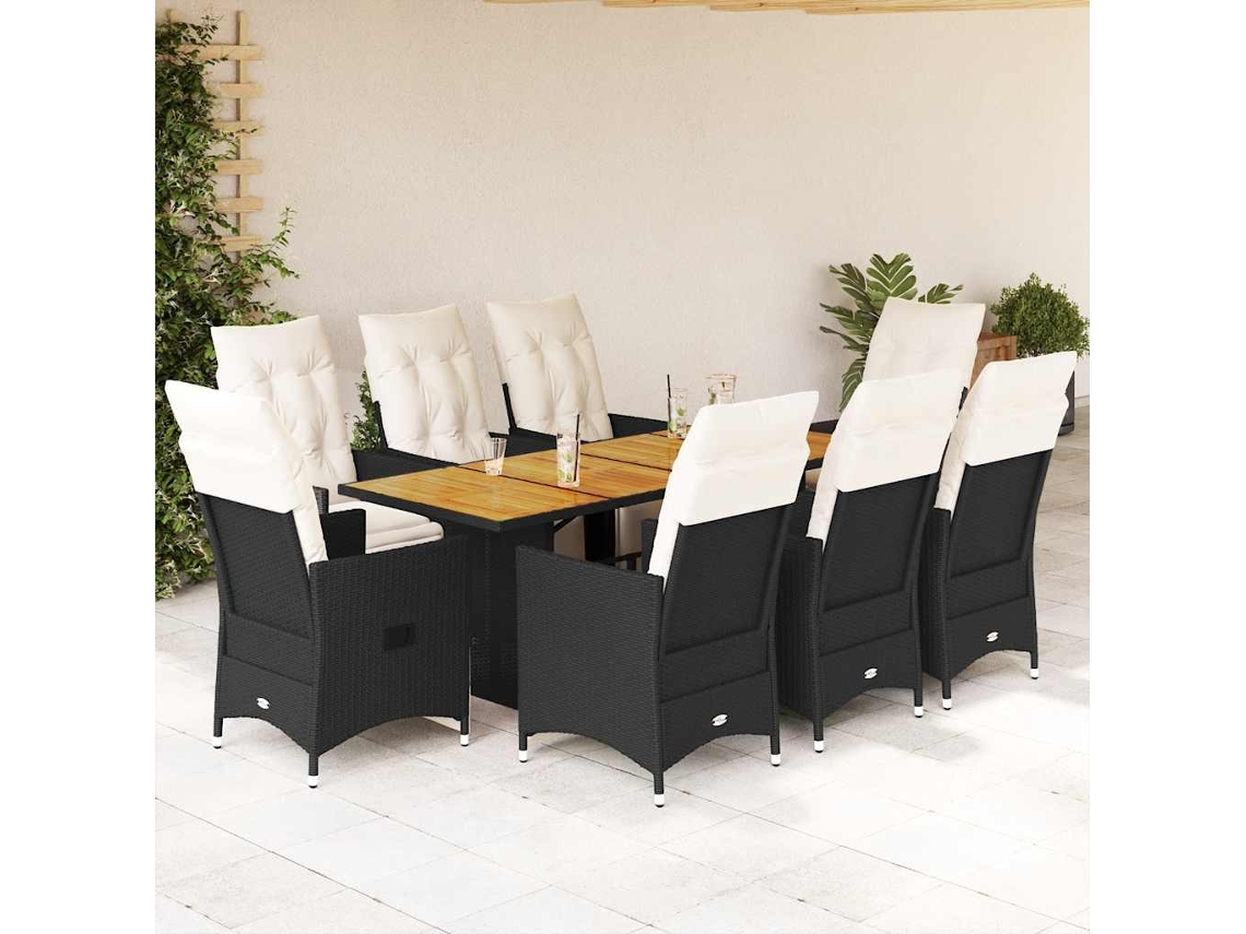 Vidaxl 9 Pcs Conjunto De Jantar P/ Jardim C/ Almofadões Vime Pe Preto
