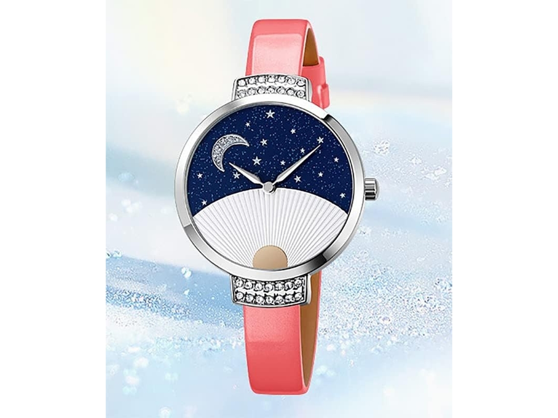 Lurelia Relógio Feminino, Detalhes Com Strass, Couro, Liga De Zinco, Azul, Dourado