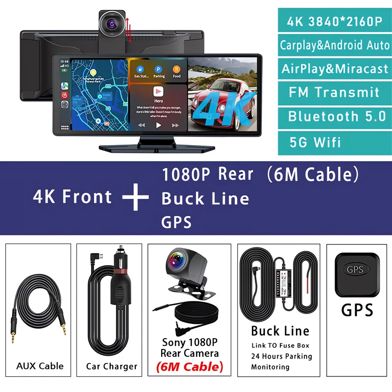 (bl-gps Traseiro De 6 Mp) Câmera Veicular 4k, Câmera De Lente Dupla De 10,26 Polegadas Com Carplay E Gps.