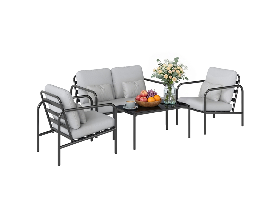 Conjunto Jardim 4 Peças Em Aço, Sofá 2l, 2 Poltronas E Mesinha, Cinza Claro