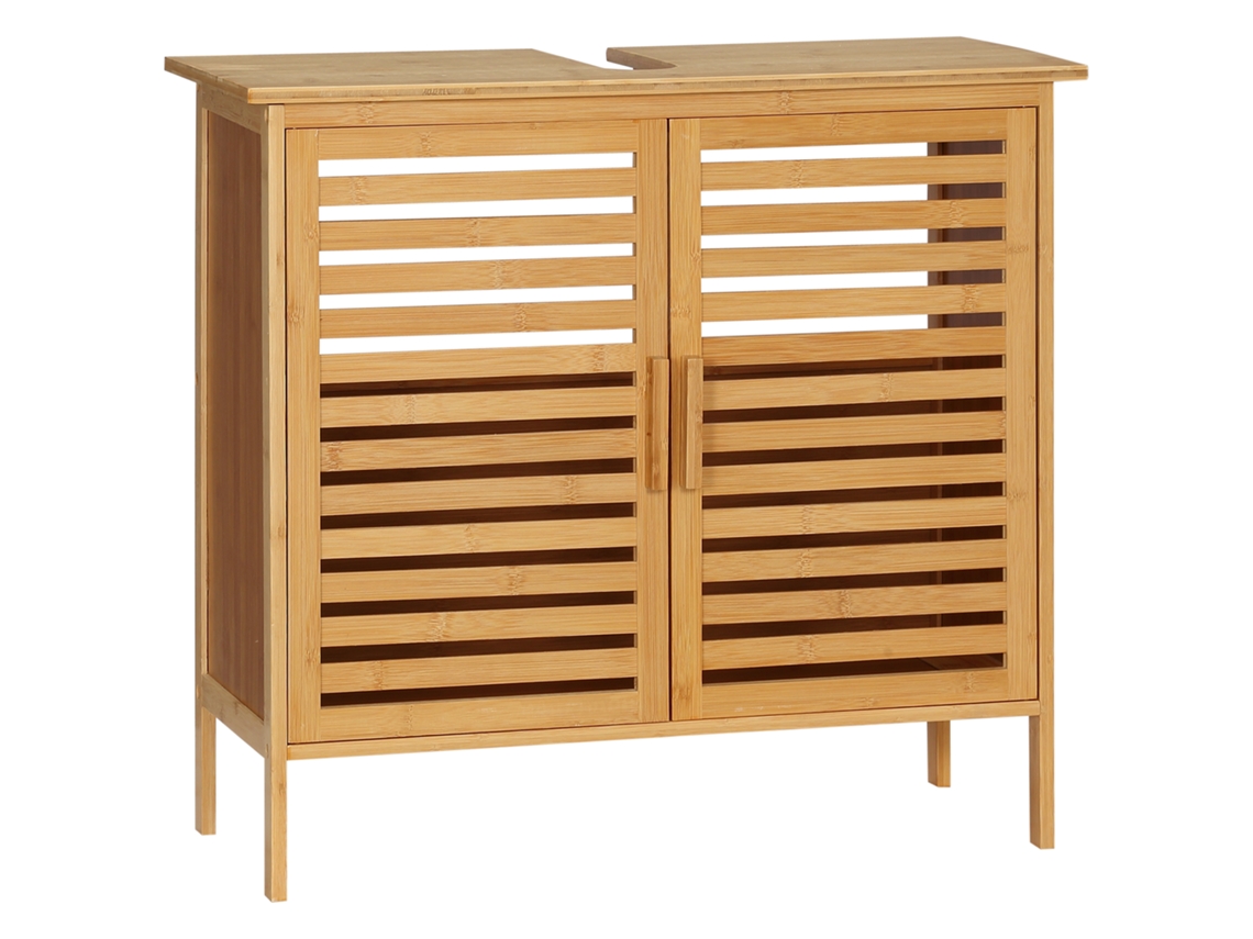 Móvel para lavatório de bambu com 2 portas, armário de chão, 66x29x61,5 cm