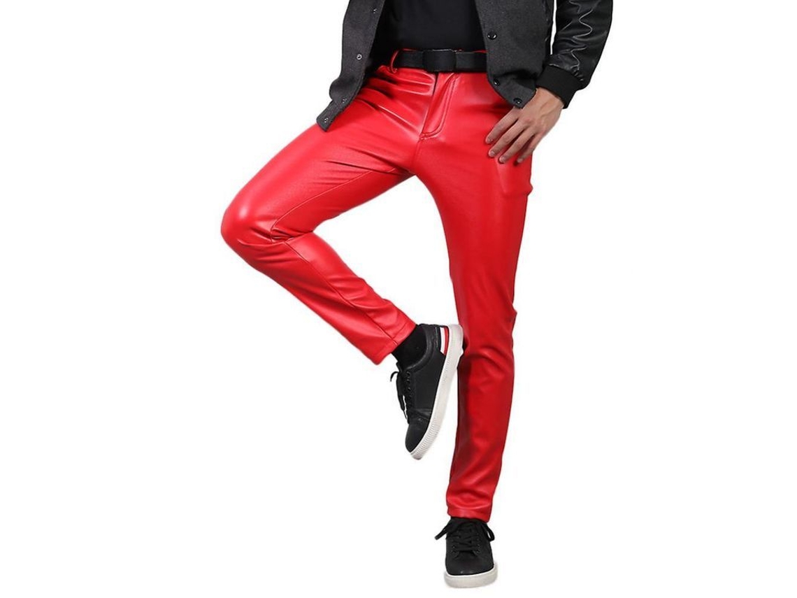 2026-calças De Couro Casual Masculino De Tamanho Médio Slim Fit Retas Cor Solida Bzf Ue 29 Rojo