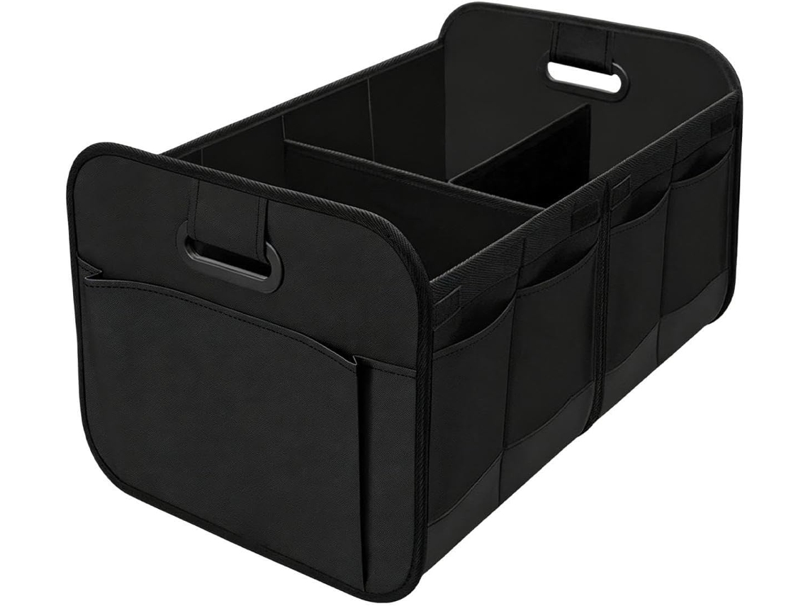 Organizador de bolsas impermeável com compartimentos para sacolas e alças.