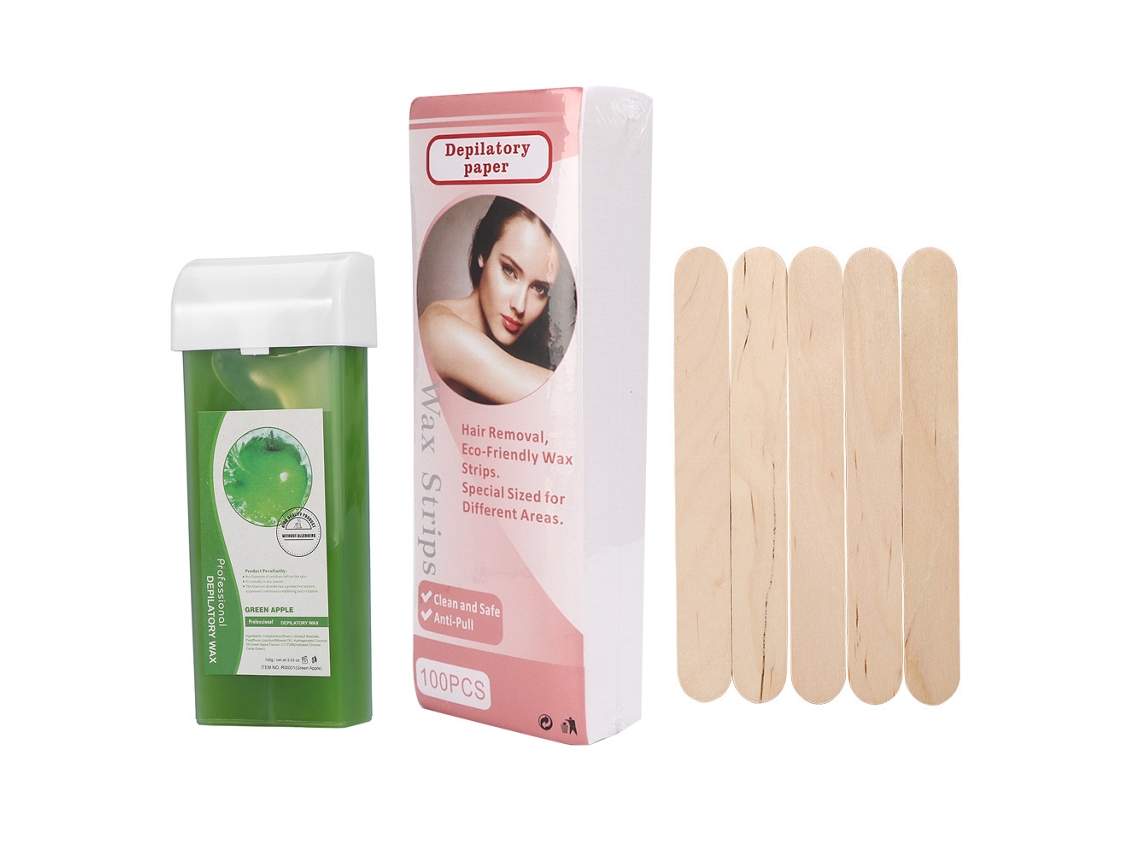 Kit De Depilação Com Cera 100g, 100 Papéis Depilatórios E 5 Espátulas De Madeira (maçã Verde)