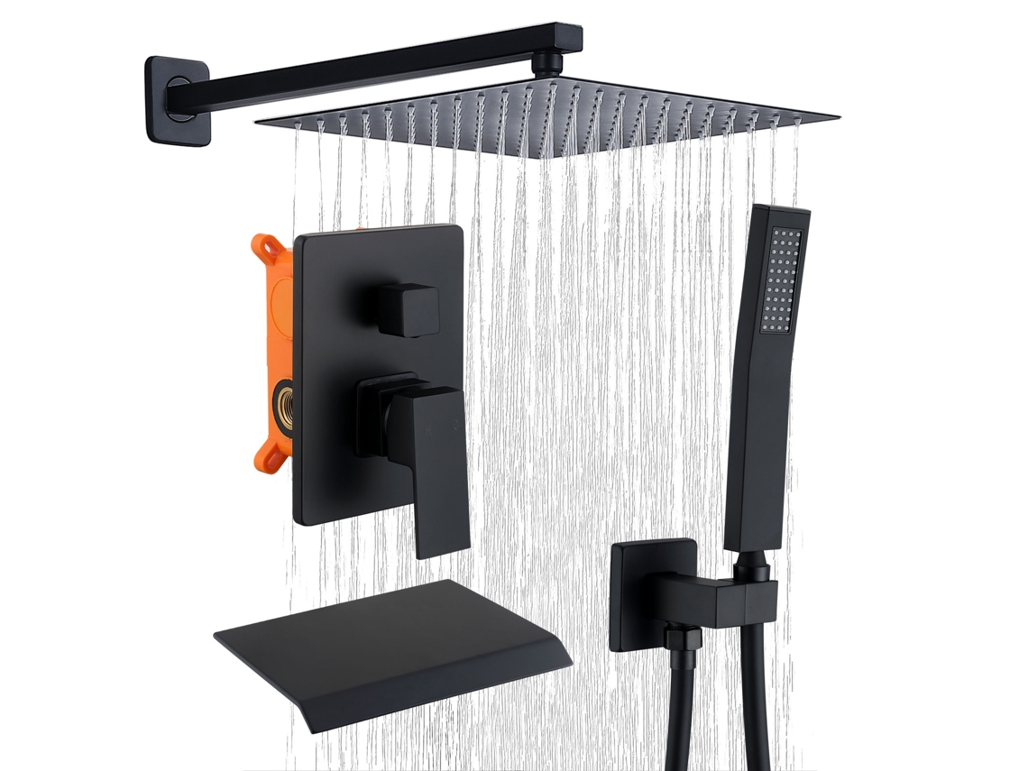 Sistema de duche embutido HOMELODY preto com cabeça de 30 × 30 cm, chuveiro de mão e saída para banheira em cascata