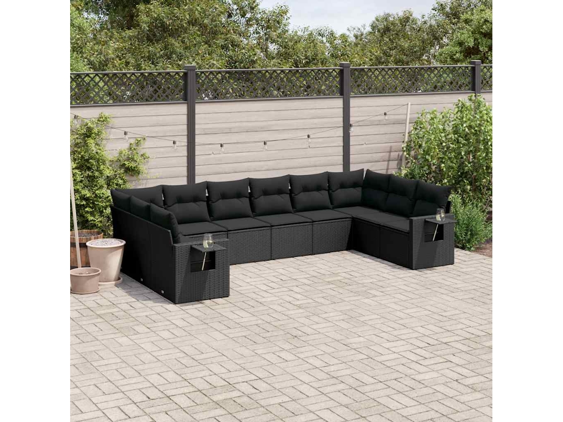 Vidaxl 10 Pcs Conjunto Sofás De Jardim C/ Almofadões Vime Pe Preto