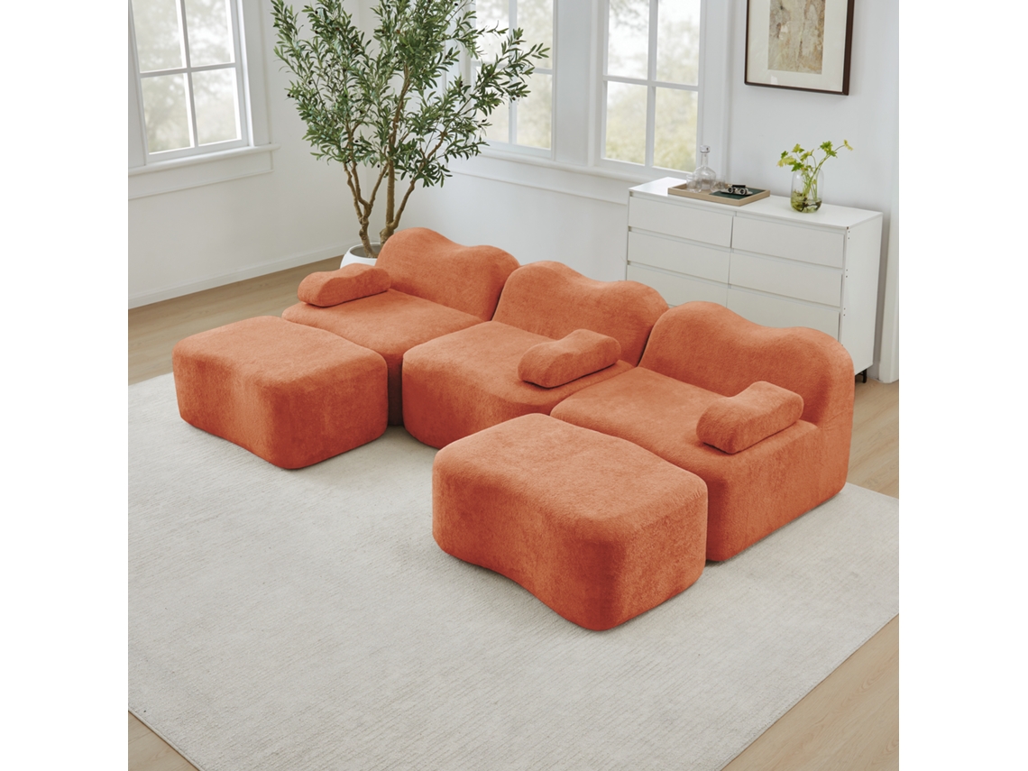 Sofá Modular Em Chenile, Formato U, Com Otomana E Baú Para Sala, 6 Lugares E Chaise.