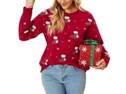 Laxiscreed Suéter De Malha Com Decote Red Jacquard, Manga Longa, Ideal Para Festas Femininas M