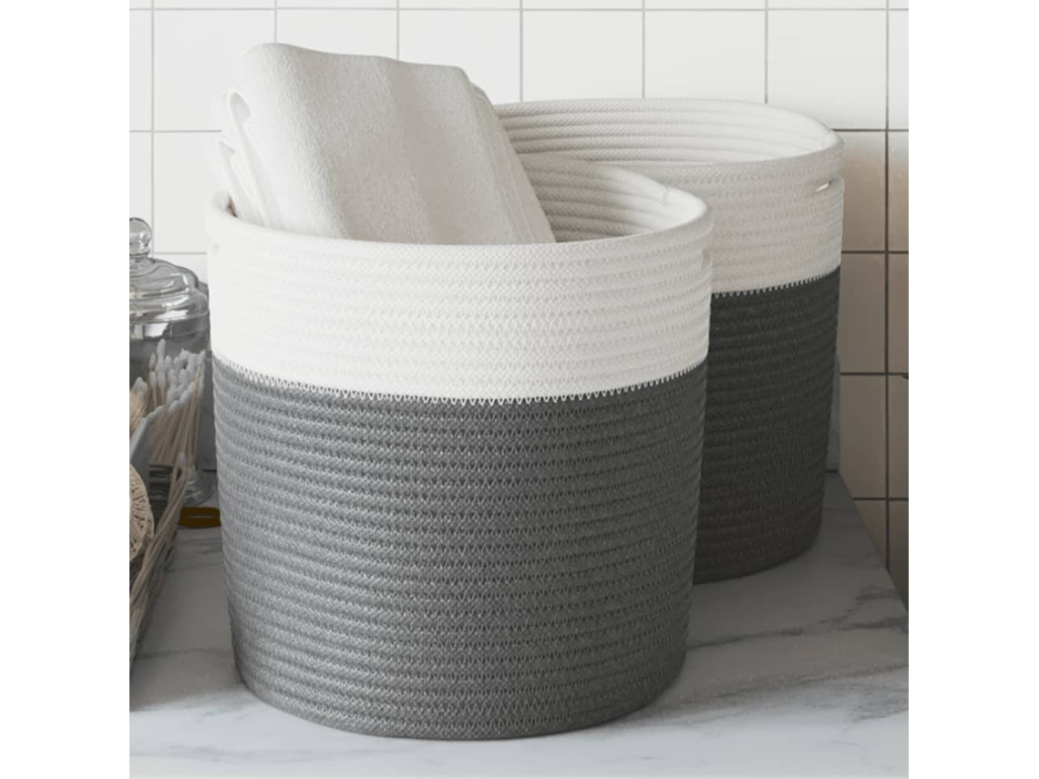 Vidaxl Cestos De Arrumação 2 Pcs Ø28x28 Cm Algodão Cinzento E Branco