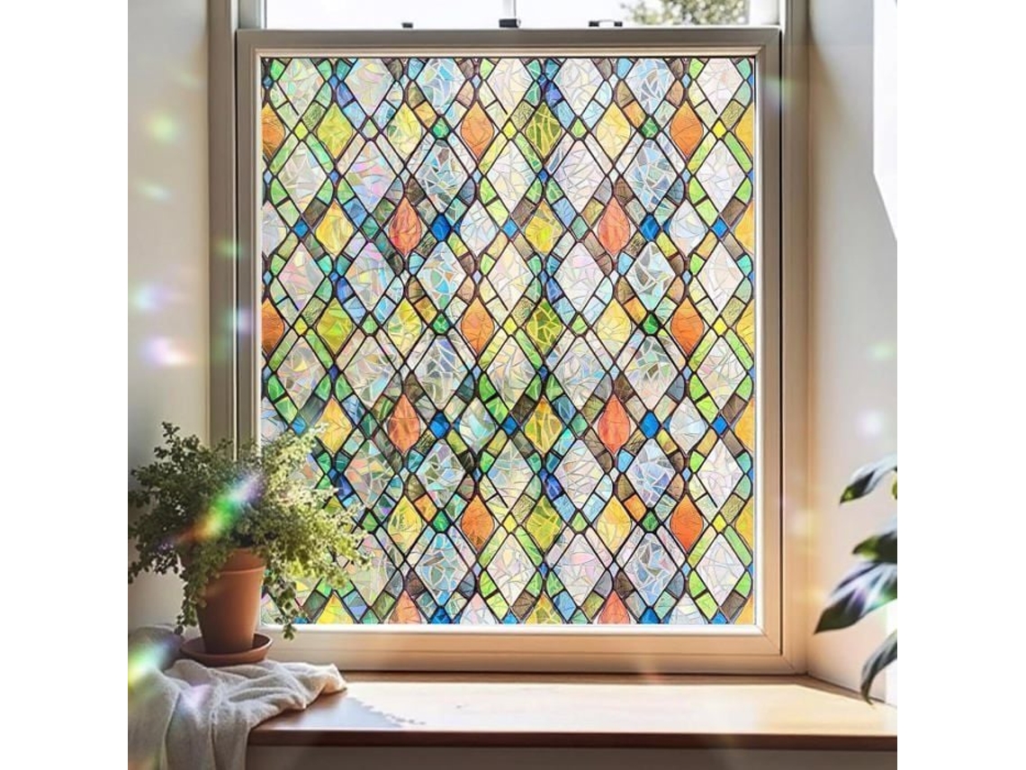 Película Estática - Padrão De Diamante De Vidro Em Cores Do Arco-íris, Adesivo Sem Cola 45x200 Cm