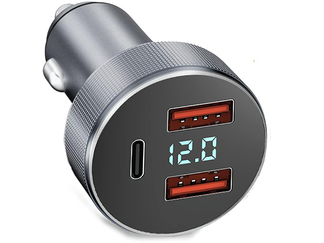Carregador de Carro Divisor de Isqueiro de Metal com Voltímetro Led para Note 20 Iphone 14 Iphone 13 12 Pro YIZHOOD Prata