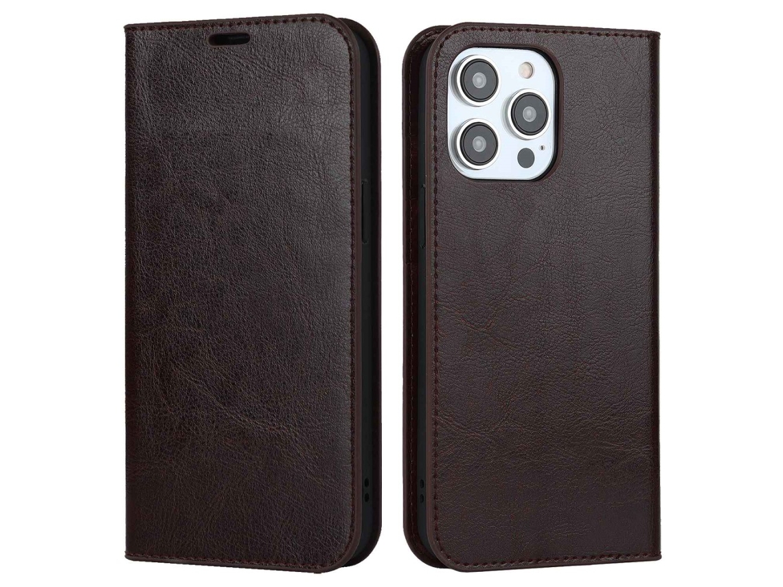 Capa Genuíno Textura Louco Para Iphone 14 Pro Max Pele Magnética Castanho