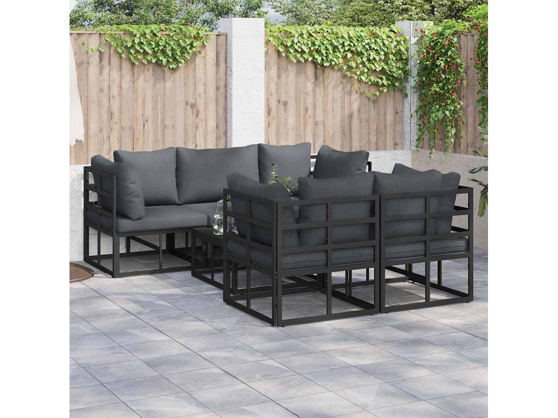 Vidaxl Conjunto De Sofá De Jardim Com Almofada 6 Pcs Preto Aço