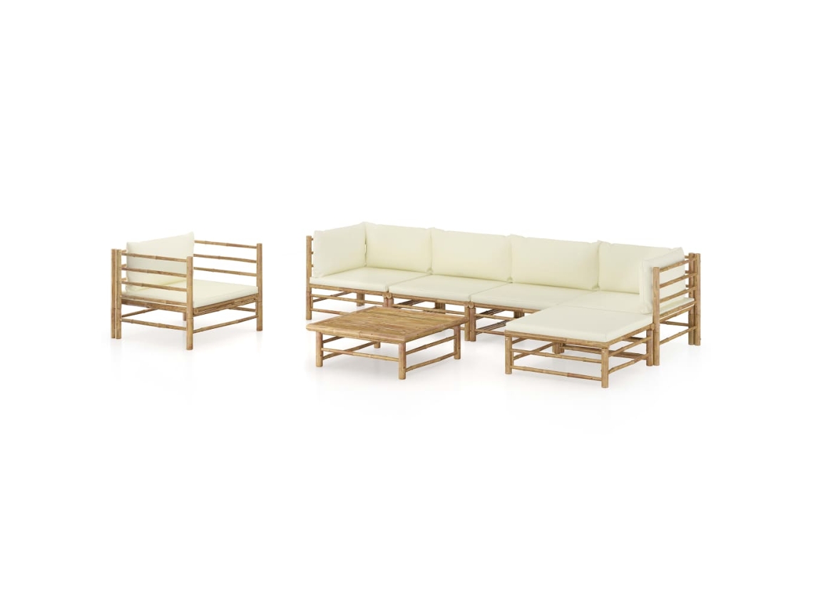 Vidaxl 7 Pcs Conj. Lounge P/ Jardim Em Bambu C/ Almofadões Branco Nata