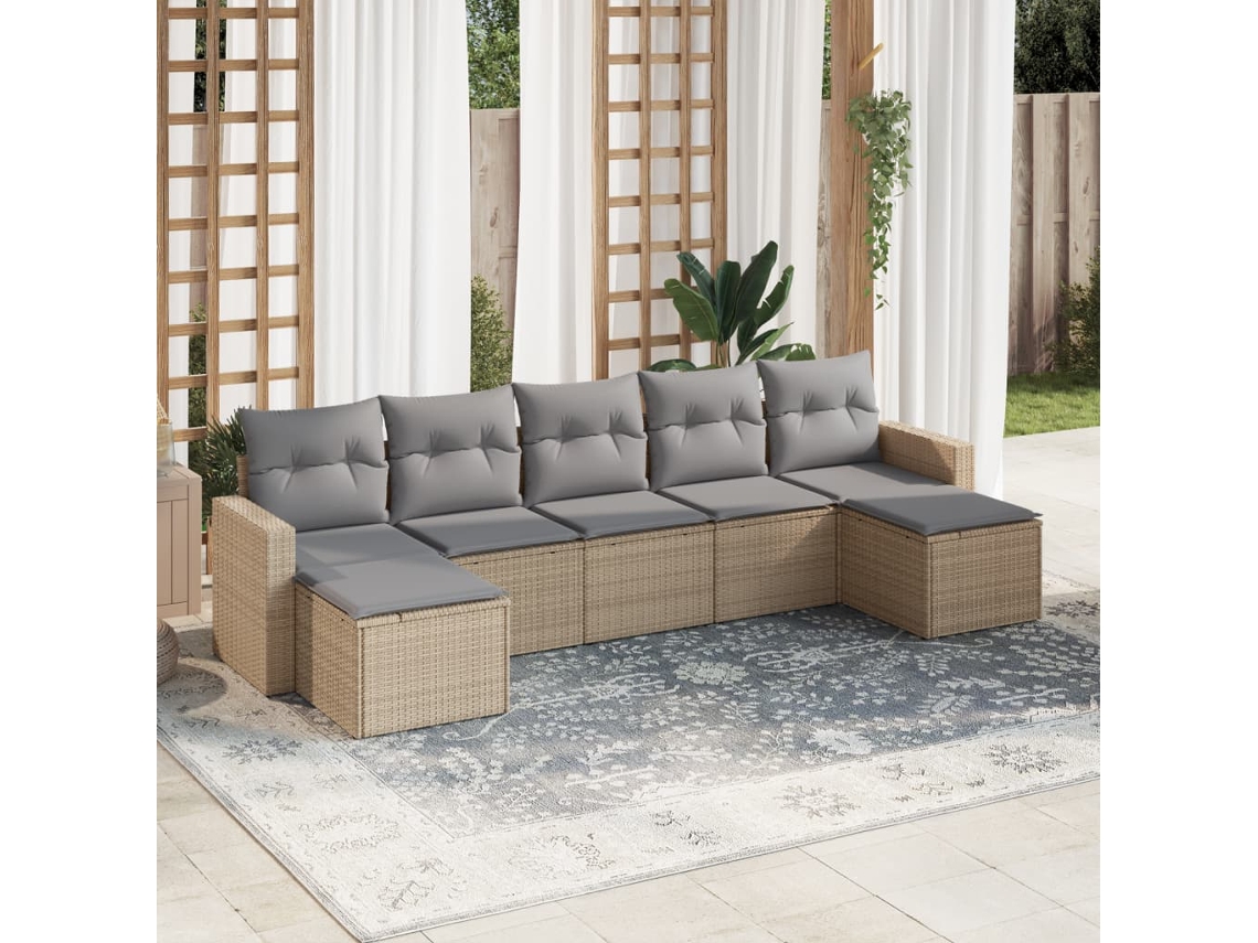 7 Pcs Conjunto De Sofás P/ Jardim Com Almofadões Vime Pe Bege Dkd Home Decor