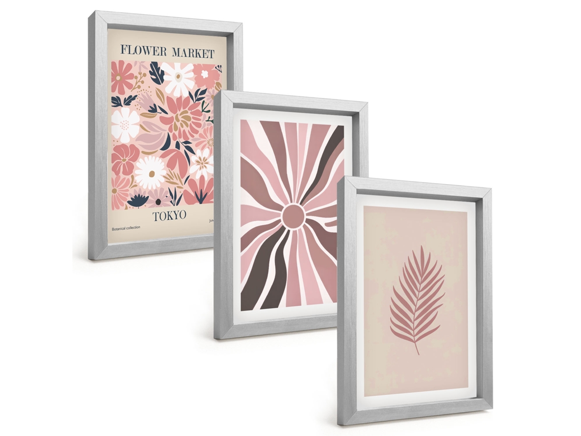 Conjunto De Pinturaspadrões E Geometria De Folhas Florais Moldura Prateada Quadros Para A Sala De Estar Espelharte (3 Peças 20x30 Cm)