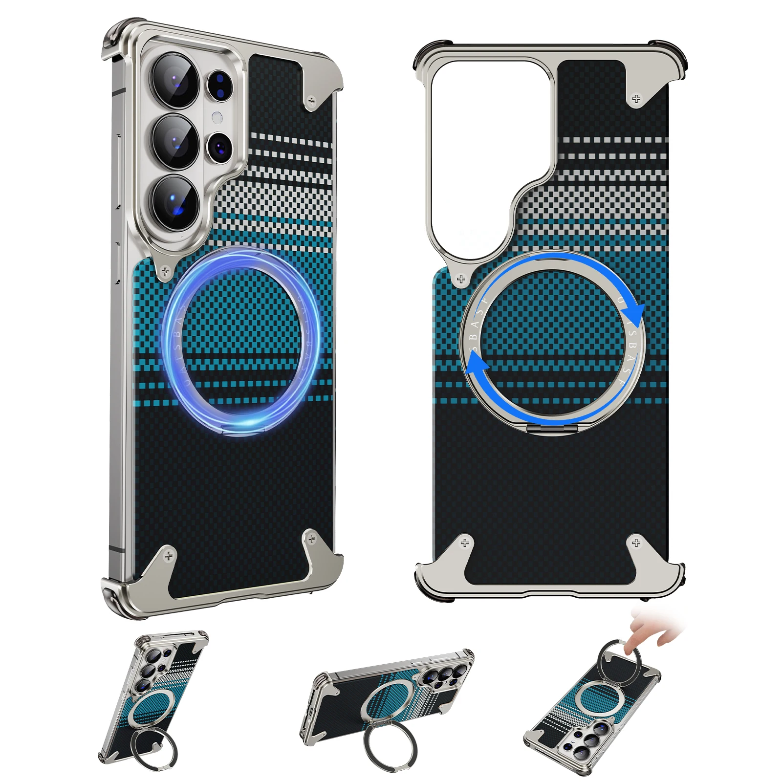 Capa Para Celular Galaxy S25 Ultra (azul, Rotação 360°) Com Suporte, Textura De Fibra De Carbono, Proteção Contra Impactos.