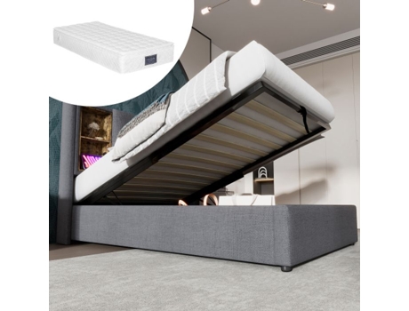 Cama Simples Com Carregamento Sem Fio Usb C, Estrutura De Cama 90x200cm, Base Em Painéis De Algodão Cinza (com Colchão)