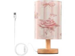 Abajur De Cabeceira Com Rosa Laço Para Quarto, Portas De Carregegamento Usb C, Luminária De Mesa Cabeceira, Luminária De