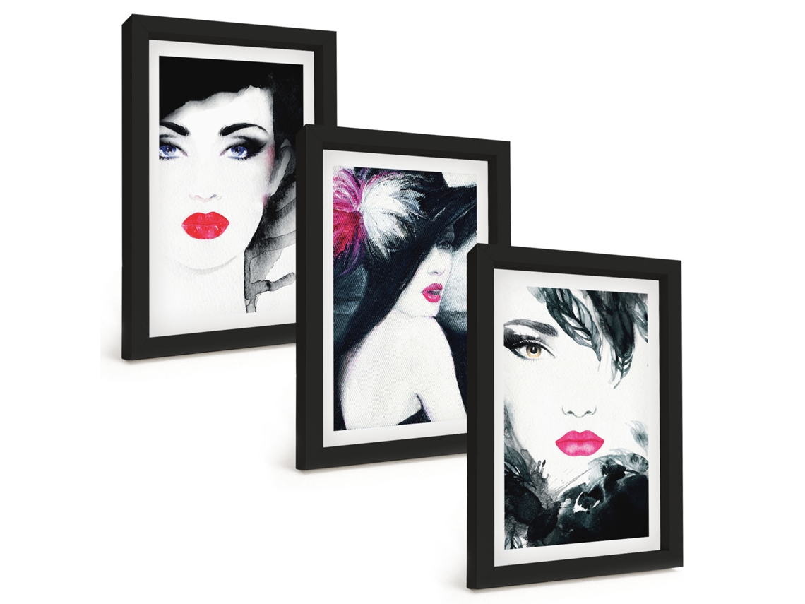 Um Conjunto De Imagens Decorativas Em Uma Molduraretratos De Mulheres Com Lábios Moldura Preta Pinturas De Quarto Espelharte (3 Peças 20x30 Cm)