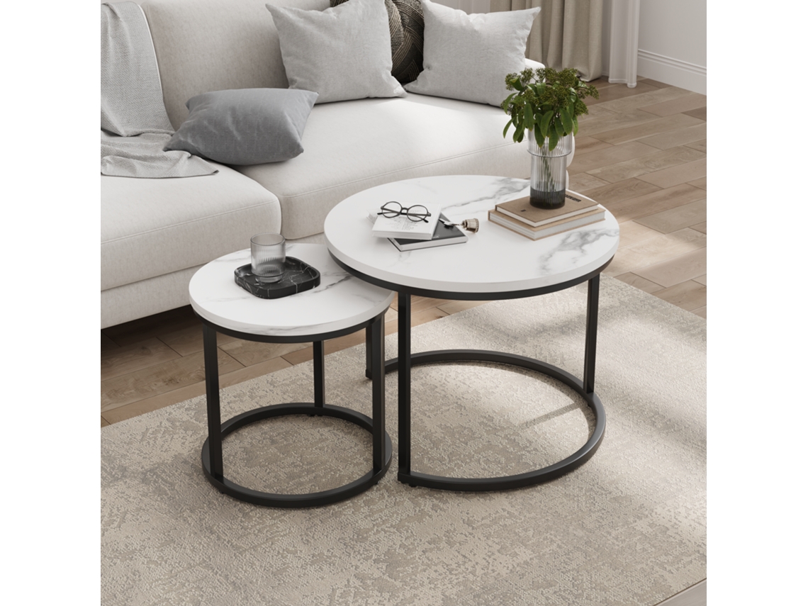 Conjunto Mesa De Centro Aninhada 2 Peças, Redondas Brancas, Metal, Para Sala/quarto/escritório-hw
