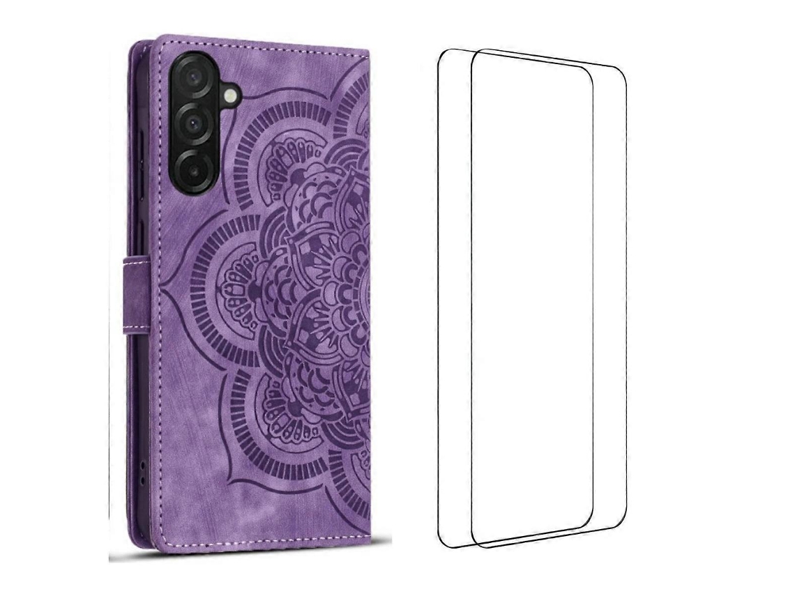Capa Tkdaddy Para Samsung Galaxy S24 Fe Com 2 Peças De Vidro Temperado Wanlonfeng Mtl Series Mandala Couro Capa De Celular Roxa