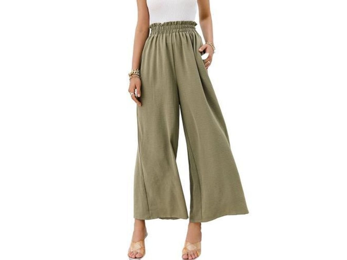 Calça feminina Rebe de cintura alta, estilo boho, com pernas largas, em tecido fluido e respirável, tamanho P, verde claro.