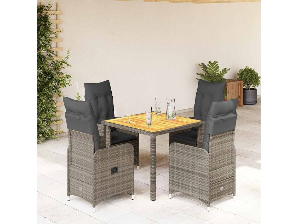 Vidaxl 5 Pcs Conjunto Bistrô De Jardim C/ Almofadões Vime Pe Cinza