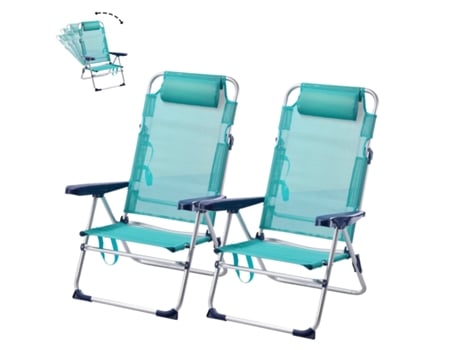 Pacote de 2 Cadeira de Praia Dobrável e Reclinável com Almofada de 5 Posições 57X31X62/101Cm Turquesa SELEOK