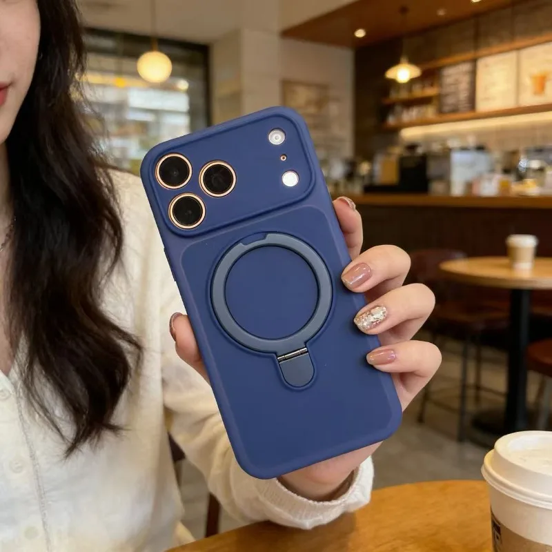 Capa De Celular Com Suporte Magnético Em Silicone Para Iphone 15 Pro (azul Escuro).