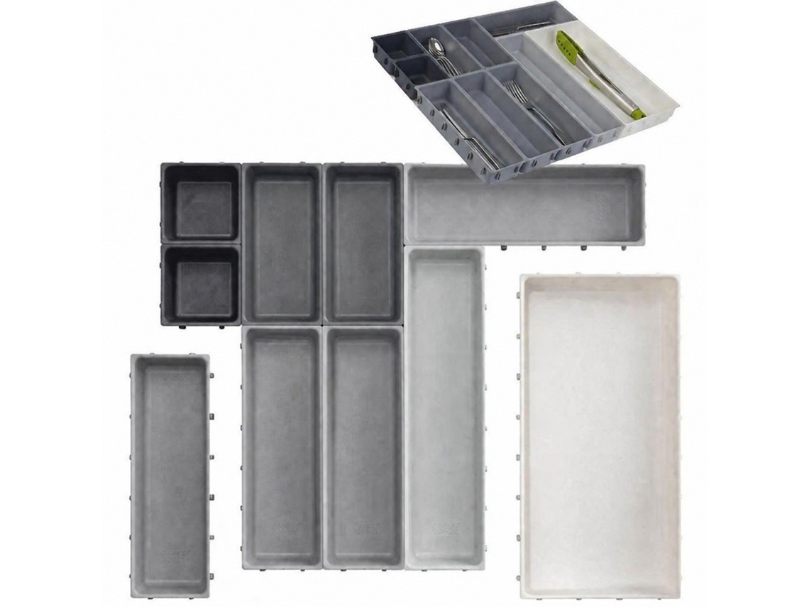 Organizador De Gaveta Cozinha, 10 Peças, Branco E Cinza, Plástico, Bandeja Talheres Ajustável