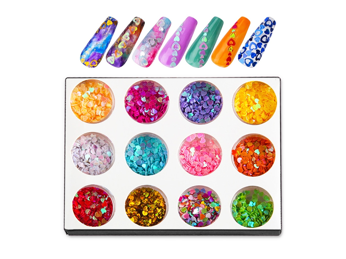 Nail Art Oco Flash Lantejoulas 12 Cores Flash Holográfico Misto Em Forma De Coração Decalque Para Unhas Dia Dos Namorados -Set1 ZMDECQNA