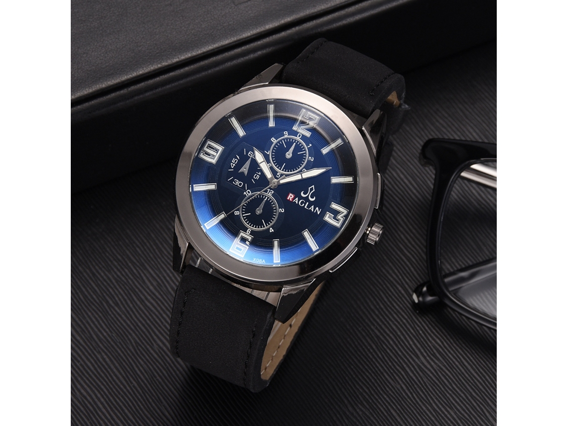 Reloj Casual Hombre Cuadro Redondo Acero Cristal De Cuarzo Correa Pu Negro Dial Azul