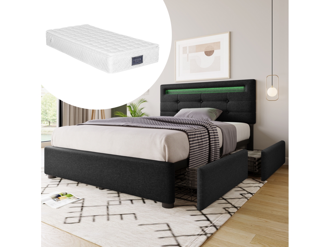 Cama Solteiro Preta 90x200cm Estofada, Led, 2 Gavetas, Cabeceira Ajustável, Ripas (c/ Colchão). -op