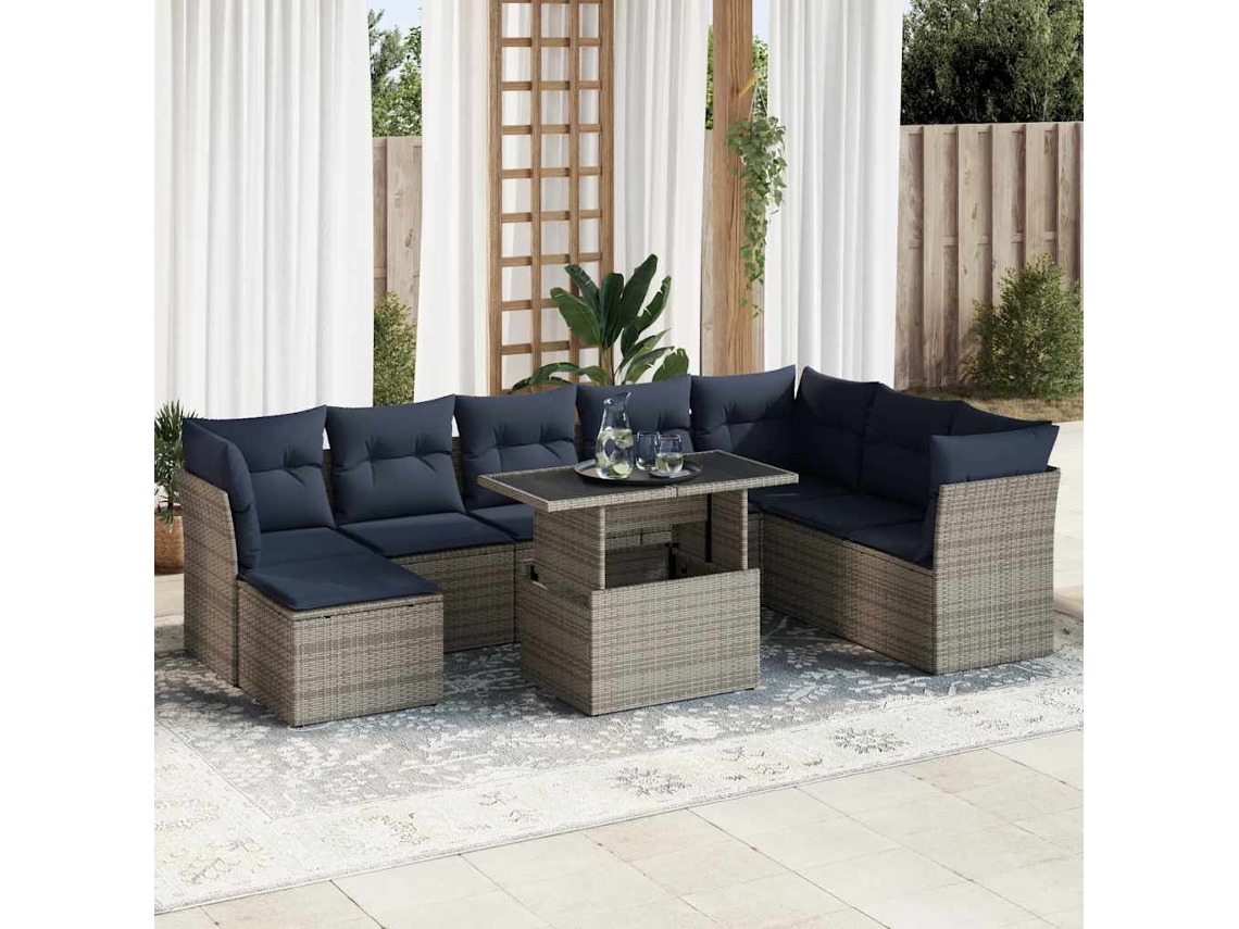 Vidaxl 9 Pcs Conjunto Sofás Jardim Almofadões Vime Pe/acácia Cinzento