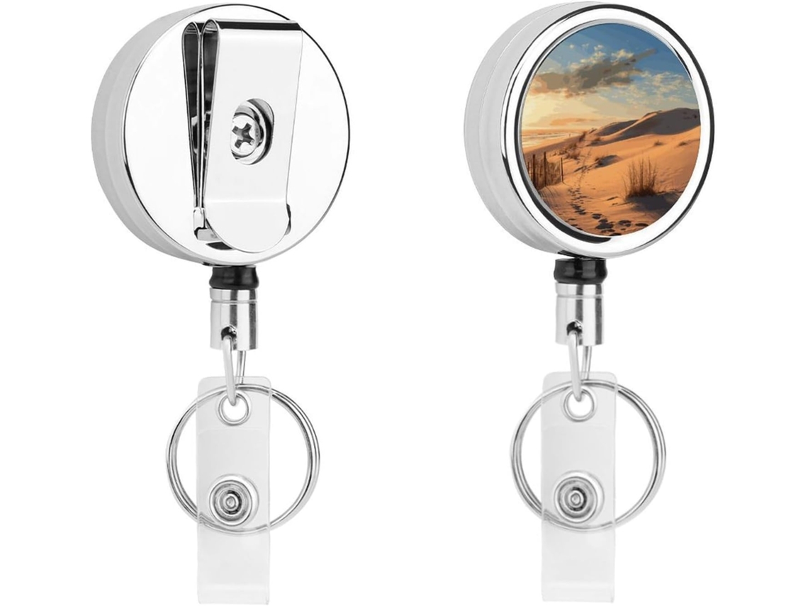 Porta Crachá Retrátil Sand Dunes Com Clipe Cinto E Argola Chaveiro, Clipe Cordão De Metal, Porta Crachá