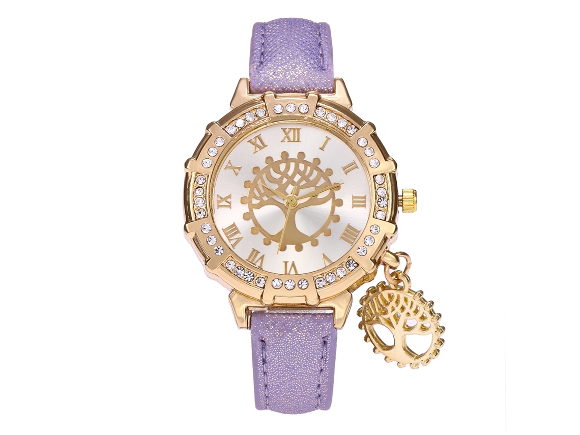 Relógio Feminino de Pulso com Pulseiro Pu Redondo Strass Decoração Árvore Roxo