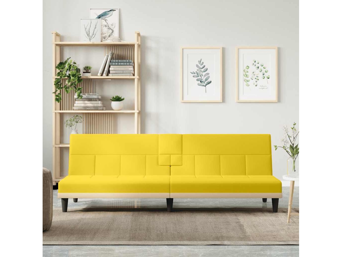Vidaxl Sofá-cama Com Suportes Para Copos Tecido Amarelo-claro